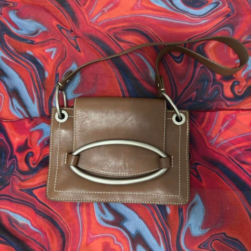 Vintage DKNY Brown Leather Flap Baguette Shoulder Bag 90s Minimalist